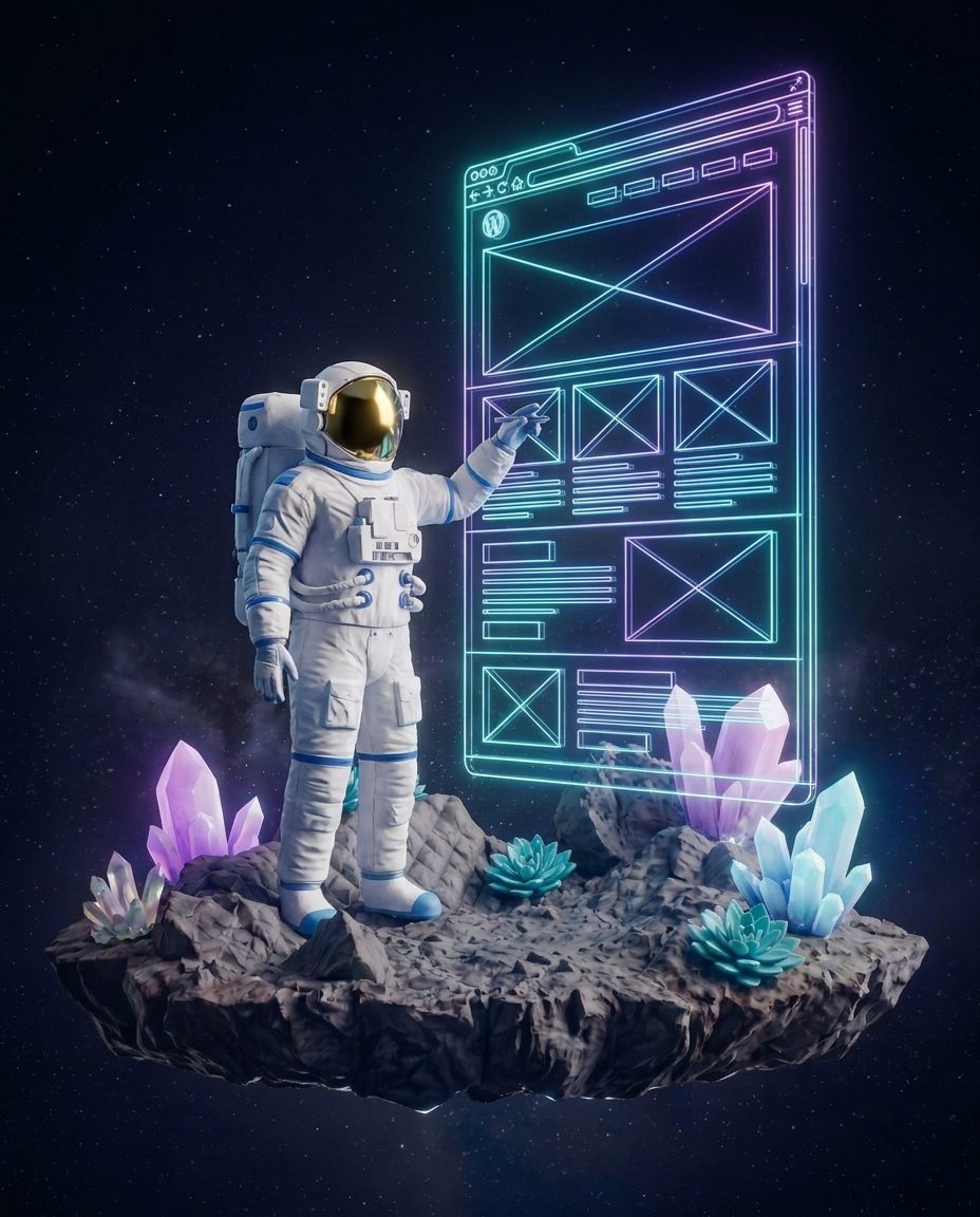 Site Architect: astronaut with a gold visor, at work