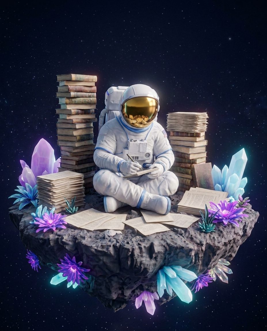 Copywriter: astronaut with a gold visor, at work