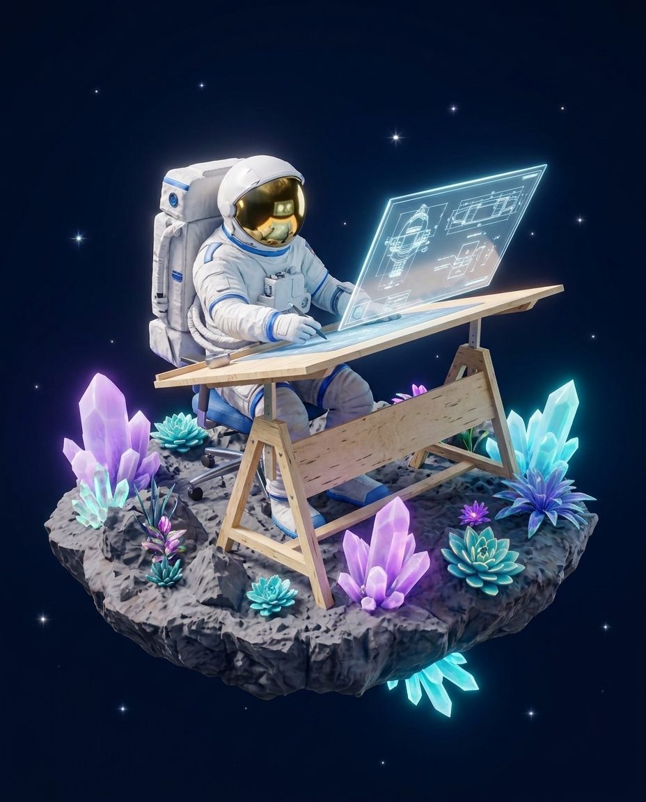 UI Designer: astronaut with a gold visor, at work