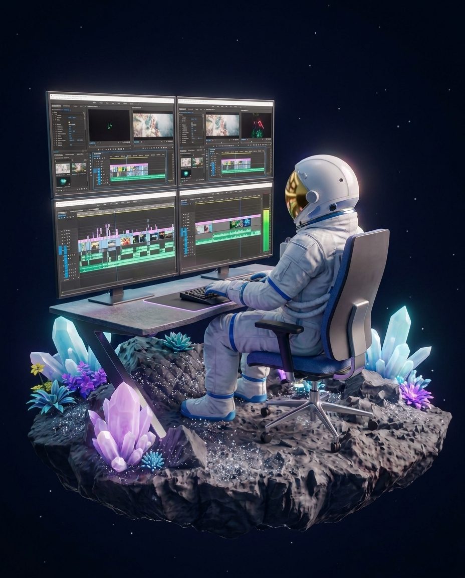 Video Editor: astronaut with a gold visor, at work
