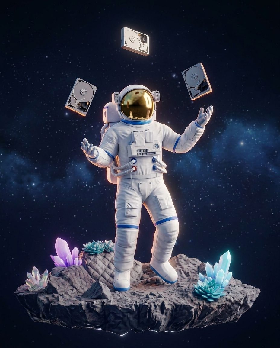 Motion Designer: astronaut with a gold visor, at work
