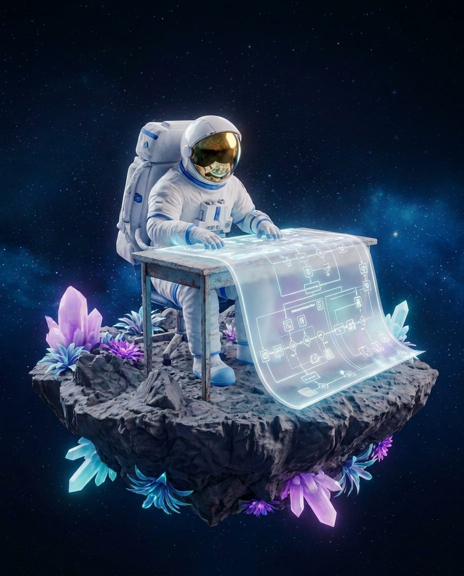 UX Strategist: astronaut with a gold visor, at work