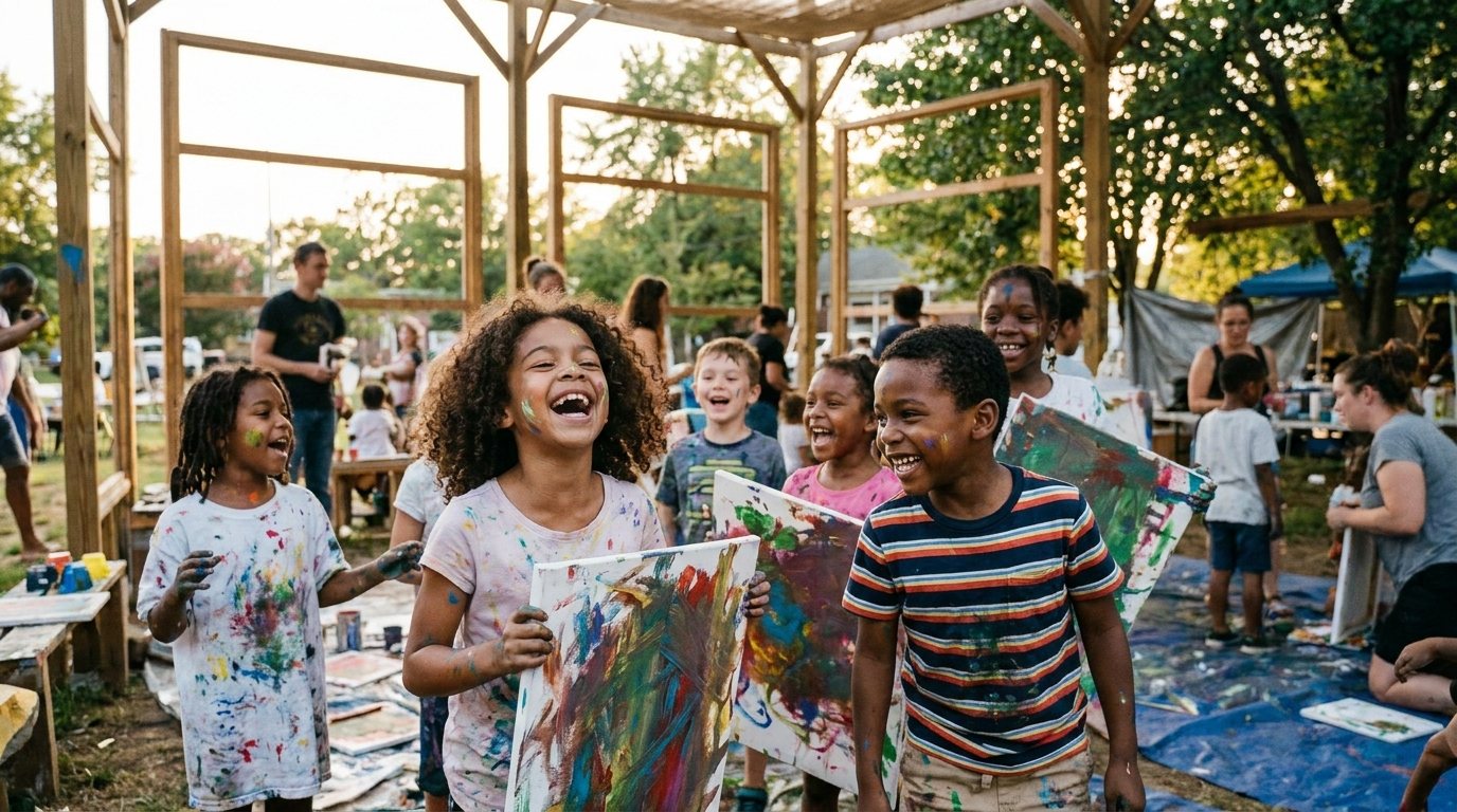 Children covered in paint laughing and holding up their artwork