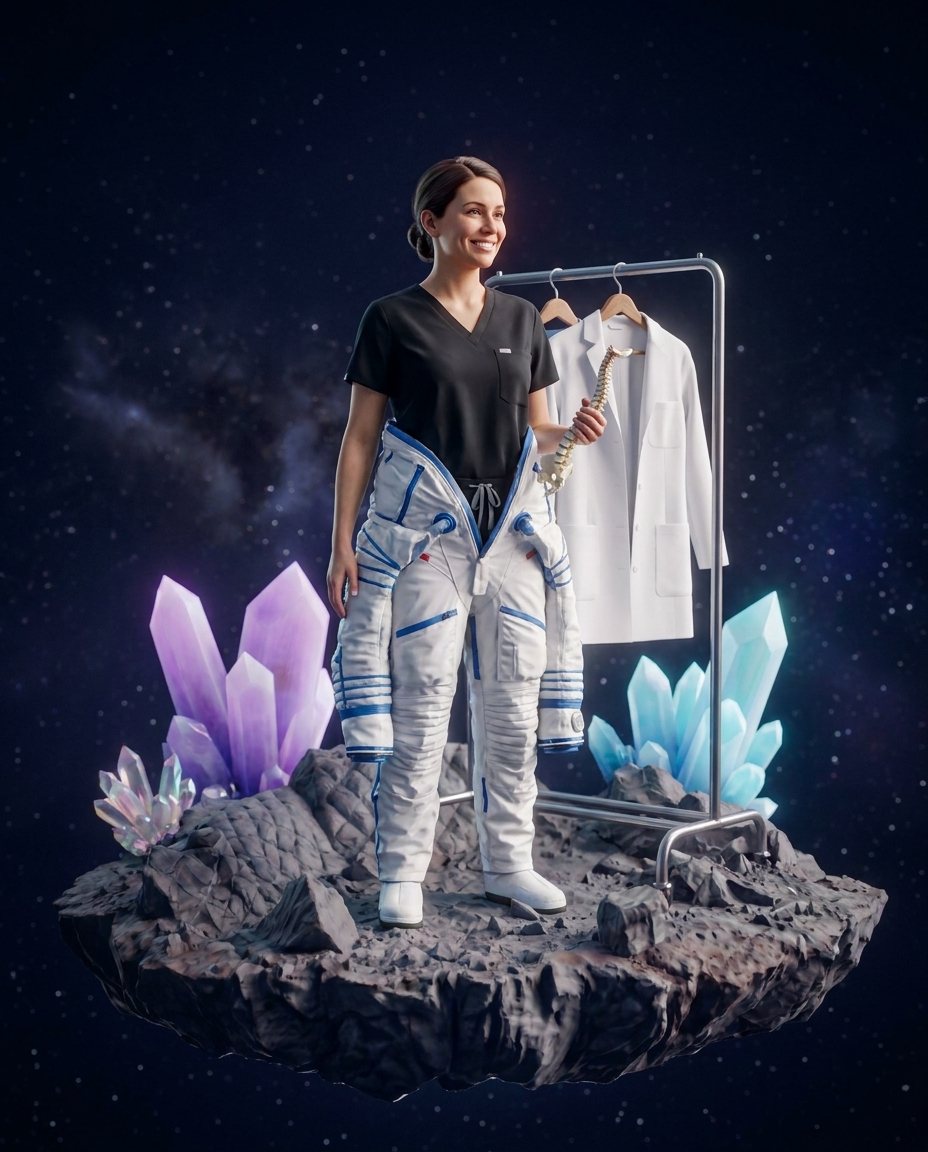 Chiropractor, half-zipped into an MK-Way spacesuit, their work clothes on a hanger behind