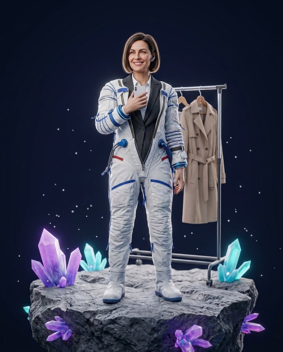 Crisis management consultant, half-zipped into an MK-Way spacesuit, their work clothes on a hanger behind