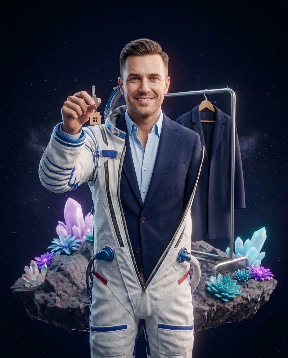 Realtor, half-zipped into an MK-Way spacesuit, their work clothes on a hanger behind