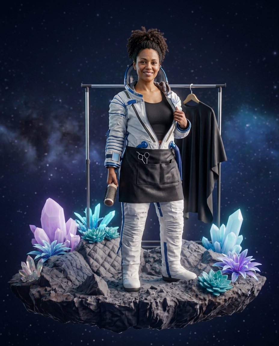 Salon & spa owner, half-zipped into an MK-Way spacesuit, their work clothes on a hanger behind