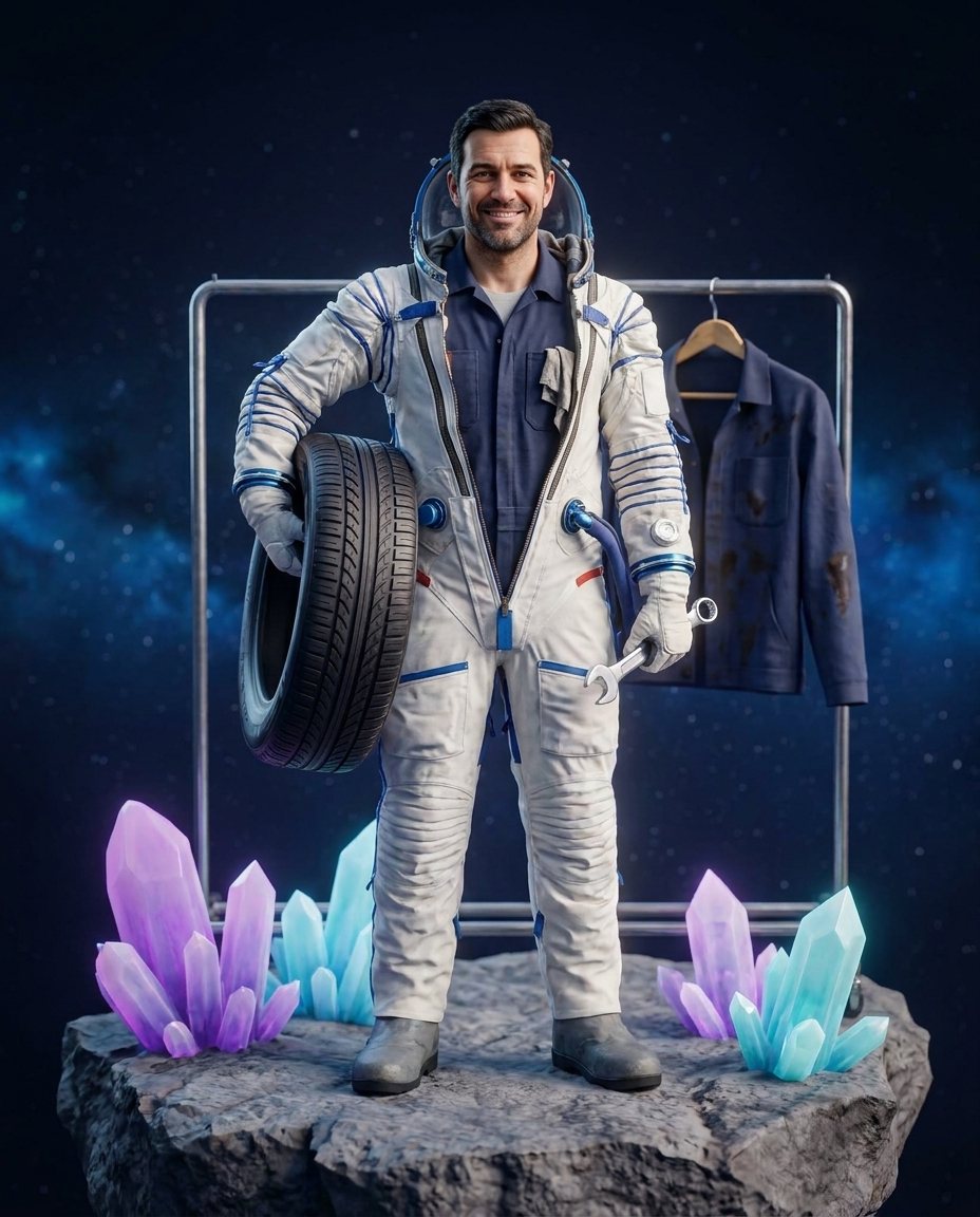 Licensed car technician, half-zipped into an MK-Way spacesuit, their work clothes on a hanger behind