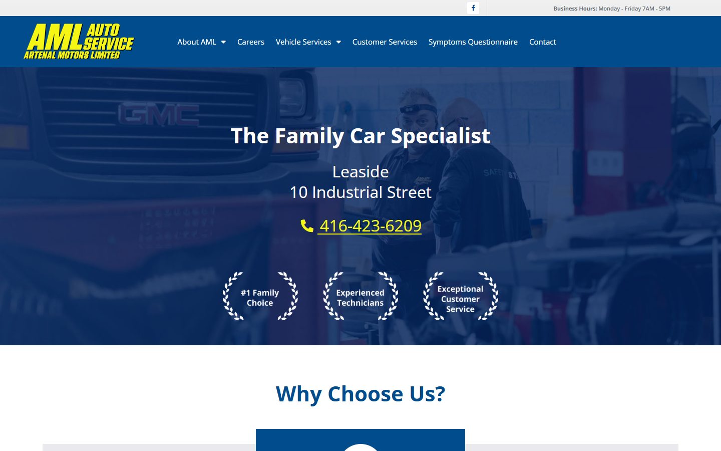 AML Auto Service website, above the fold