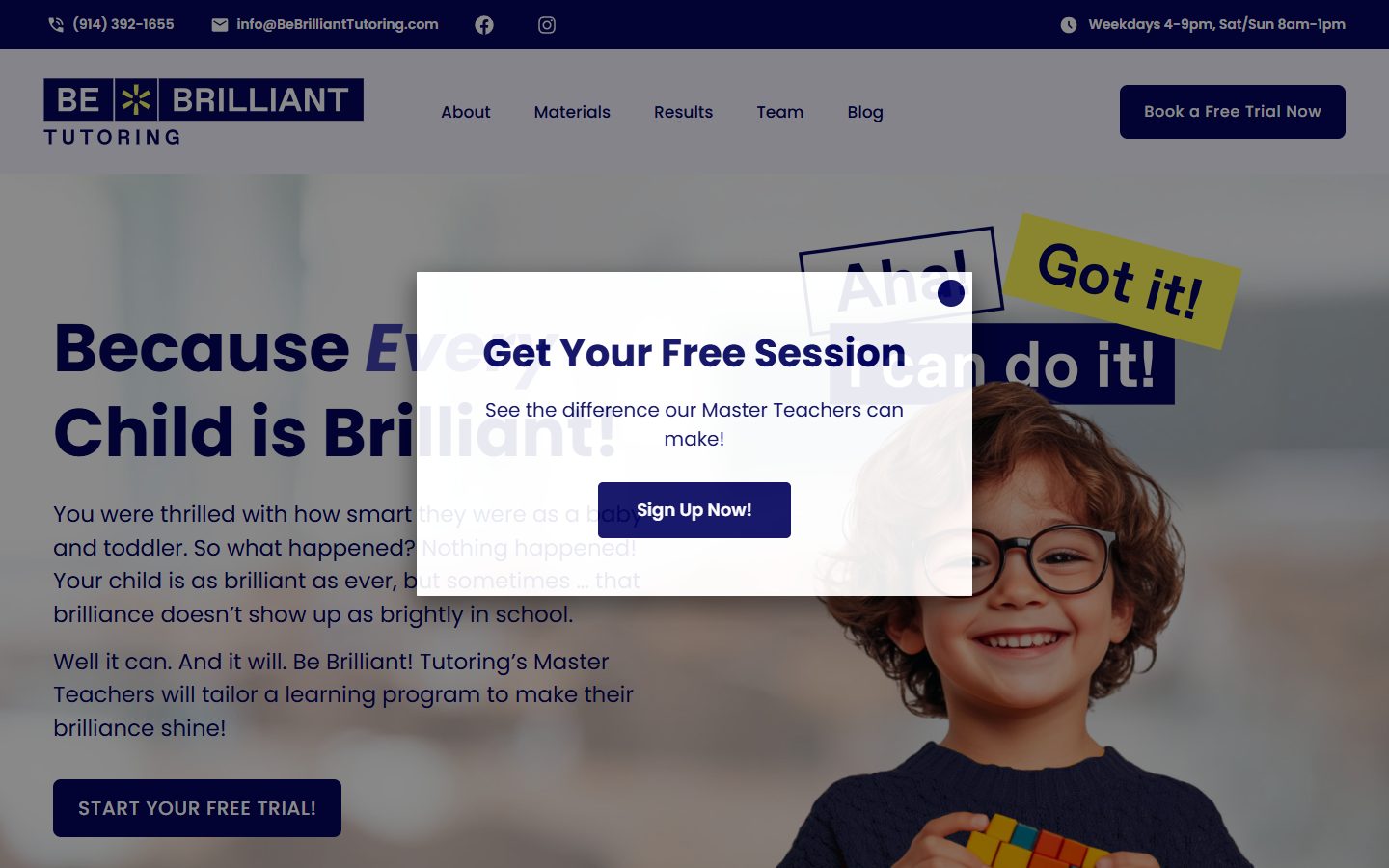 Be Brilliant Tutoring website, above the fold