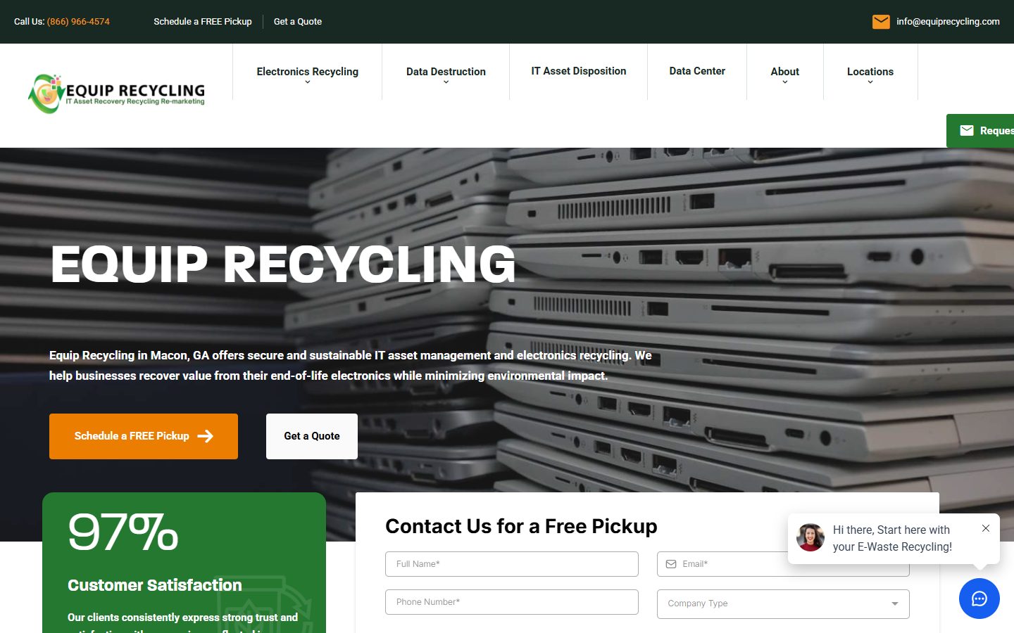 Equip Recycling website, above the fold