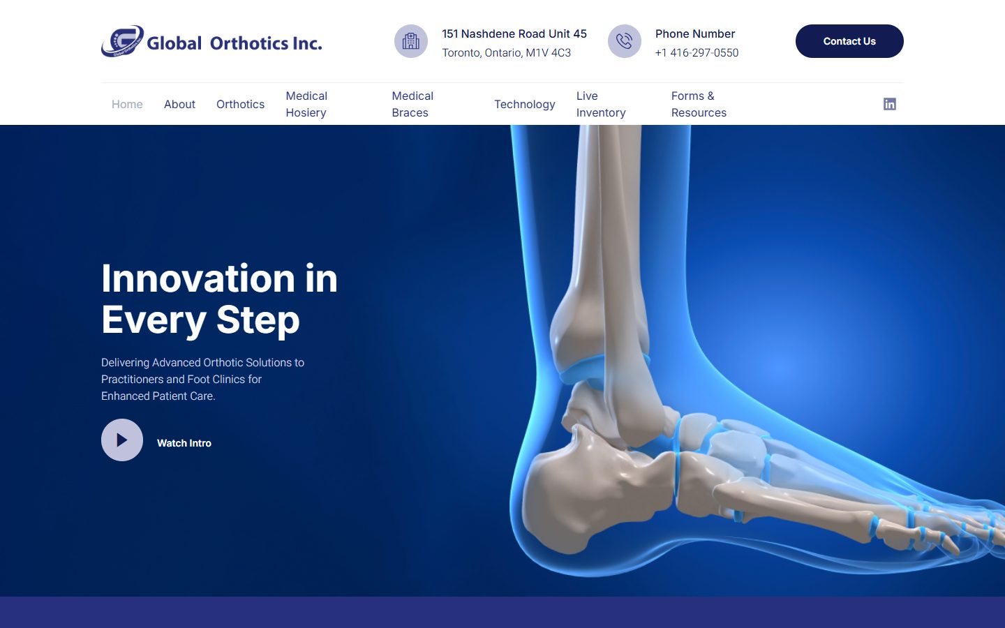 Global Orthotics website, above the fold