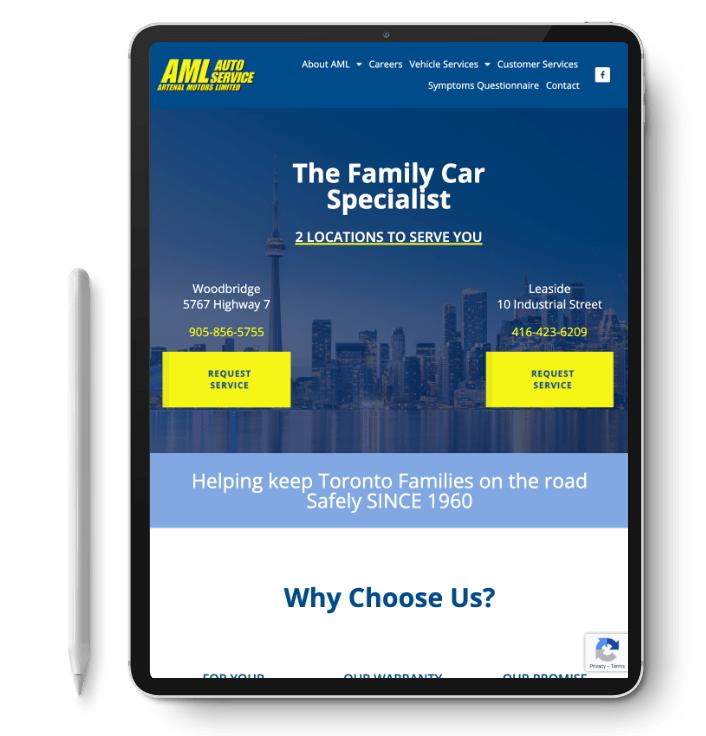 AML Auto Service home page on a tablet