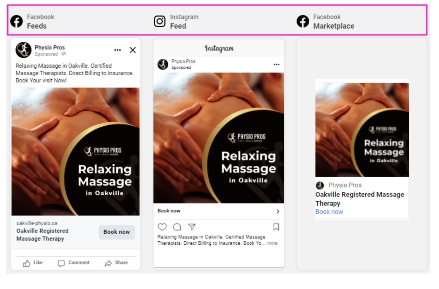 Physio Pros PPC - screenshots of Facebook feed, Instagram feed, and Facebook Marketplace