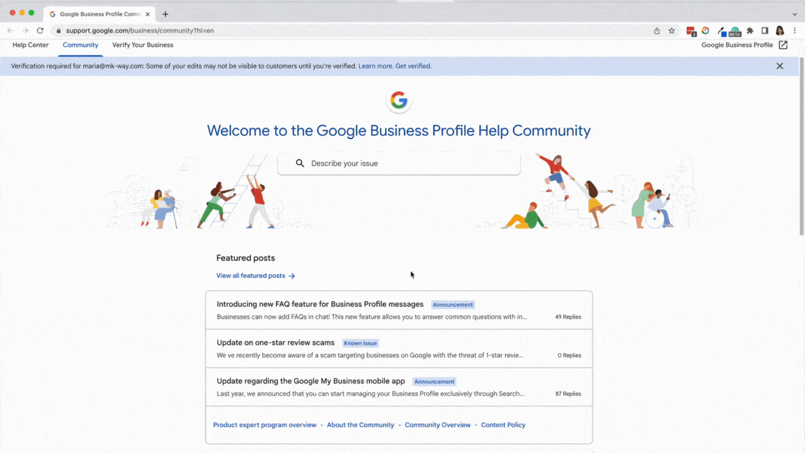 How to edit Google Business listing - a quick video tutorial gif displaying instructions to access the Google Support forum