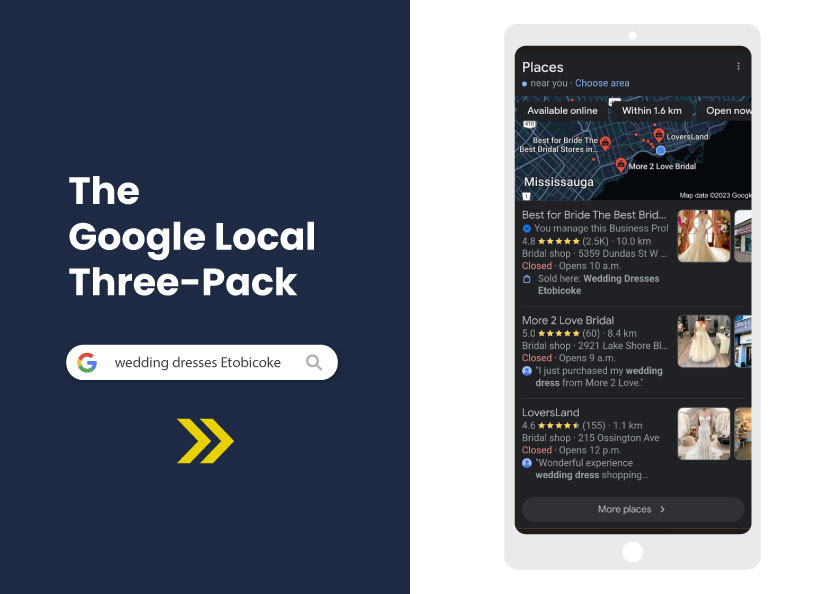 How to unlock the power of Google maps pack for your local business - the Google local three-pack and a screenshot of Google businesses
