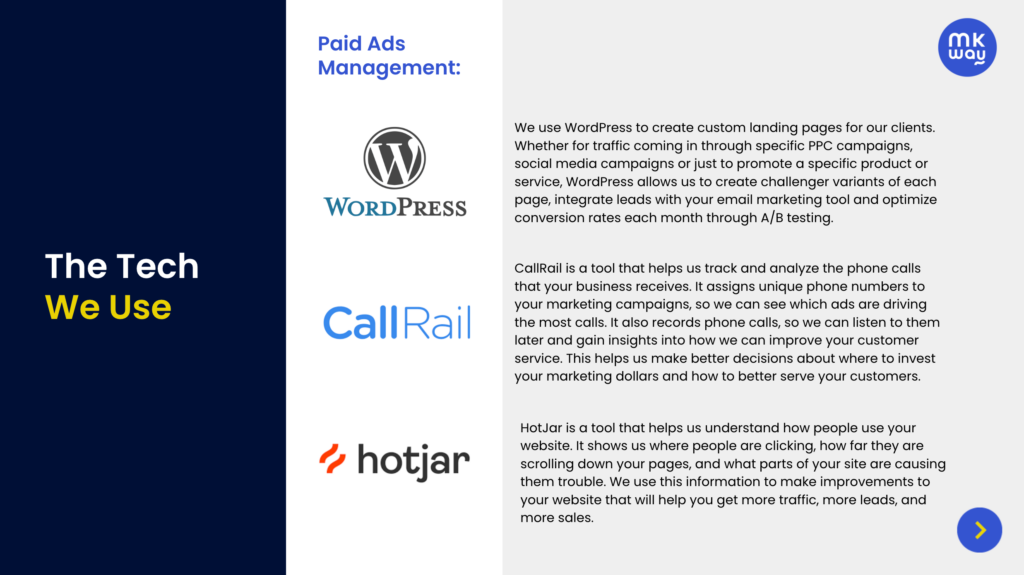How to make a pitch deck - what tech for paid ads management we use (WordPress, CallRail, Hotjar)