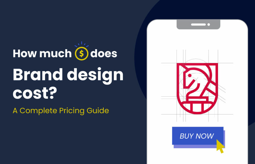 infographic titled how much does a brand design cost, with a red stamp of a hand drawn chess board knight and a blue buy now button underneath it