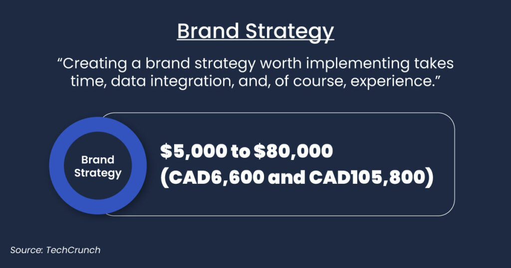 brand strategy infographic definition and a blue circular graphic in a round rectangular shape showing the range of pricing between 5,000 and 80,000 dollars