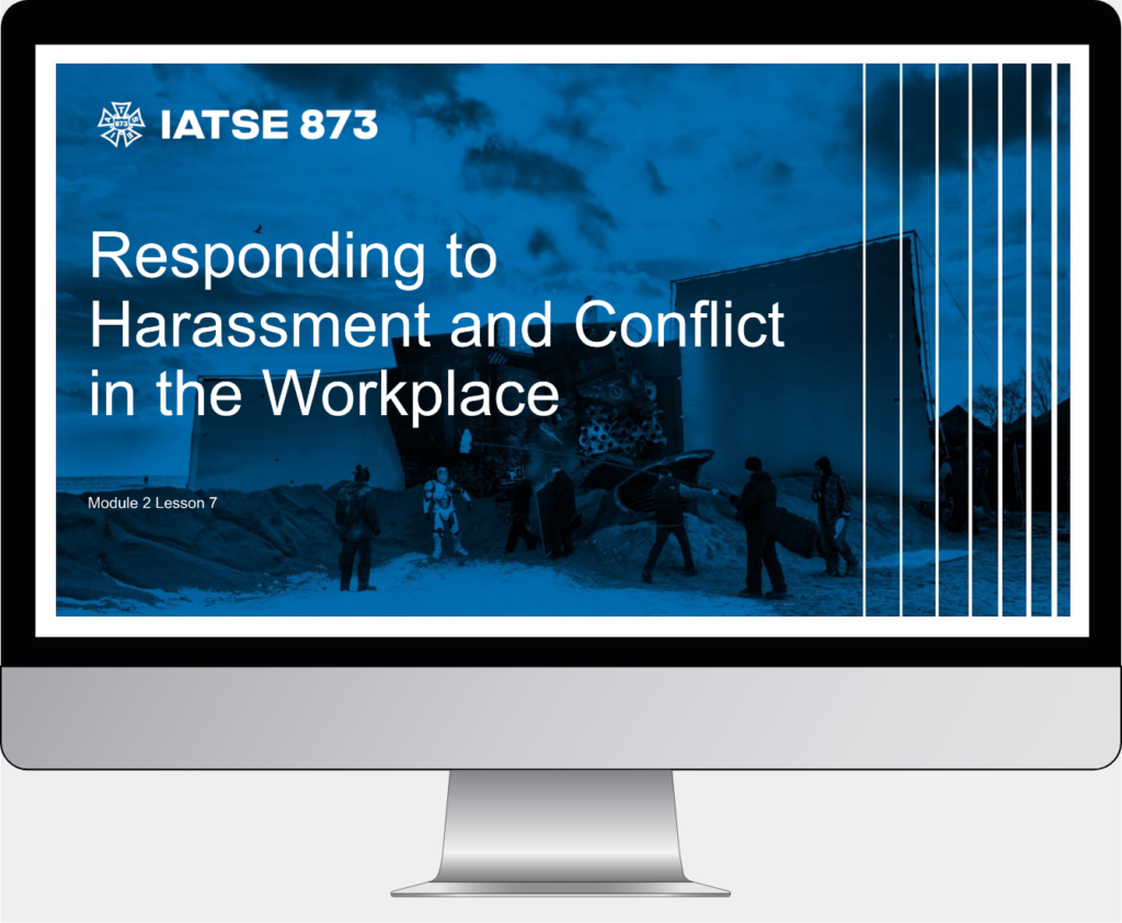 monitor with an blue and greyscale image of a film in the background with the text of responding to harassment and conflict in the workplace in the foreground